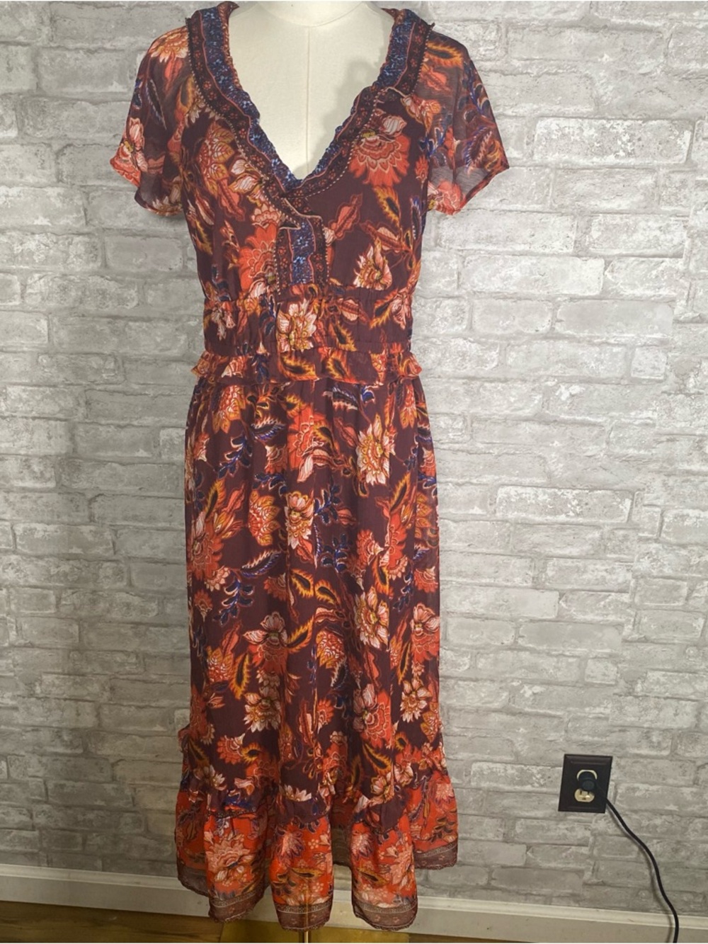 Old navy Floral V-Neck Midi Dress in Burgundy and Orange size medium boho